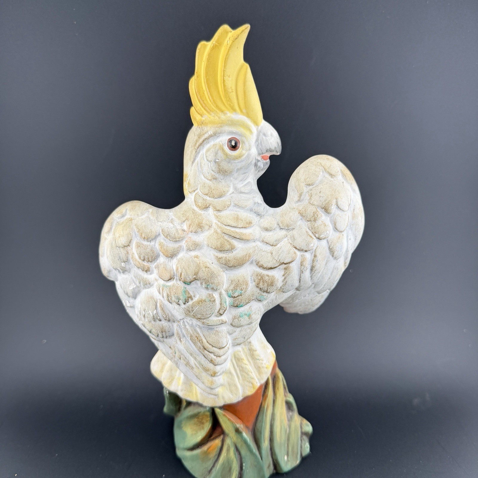 Vintage Hand Painted Ceramic Cockatoo Bird Figurine 9” Tall Matte Finish