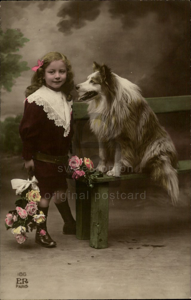 RPPC Cute Girl and Dog Rose Flowers Vintage Real Photo Postcard