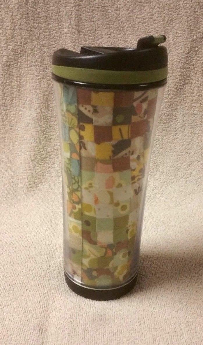 Starbucks 16 oz Travel Mug 2007 Green White Brown Fabric Cloth Squares Patchwork