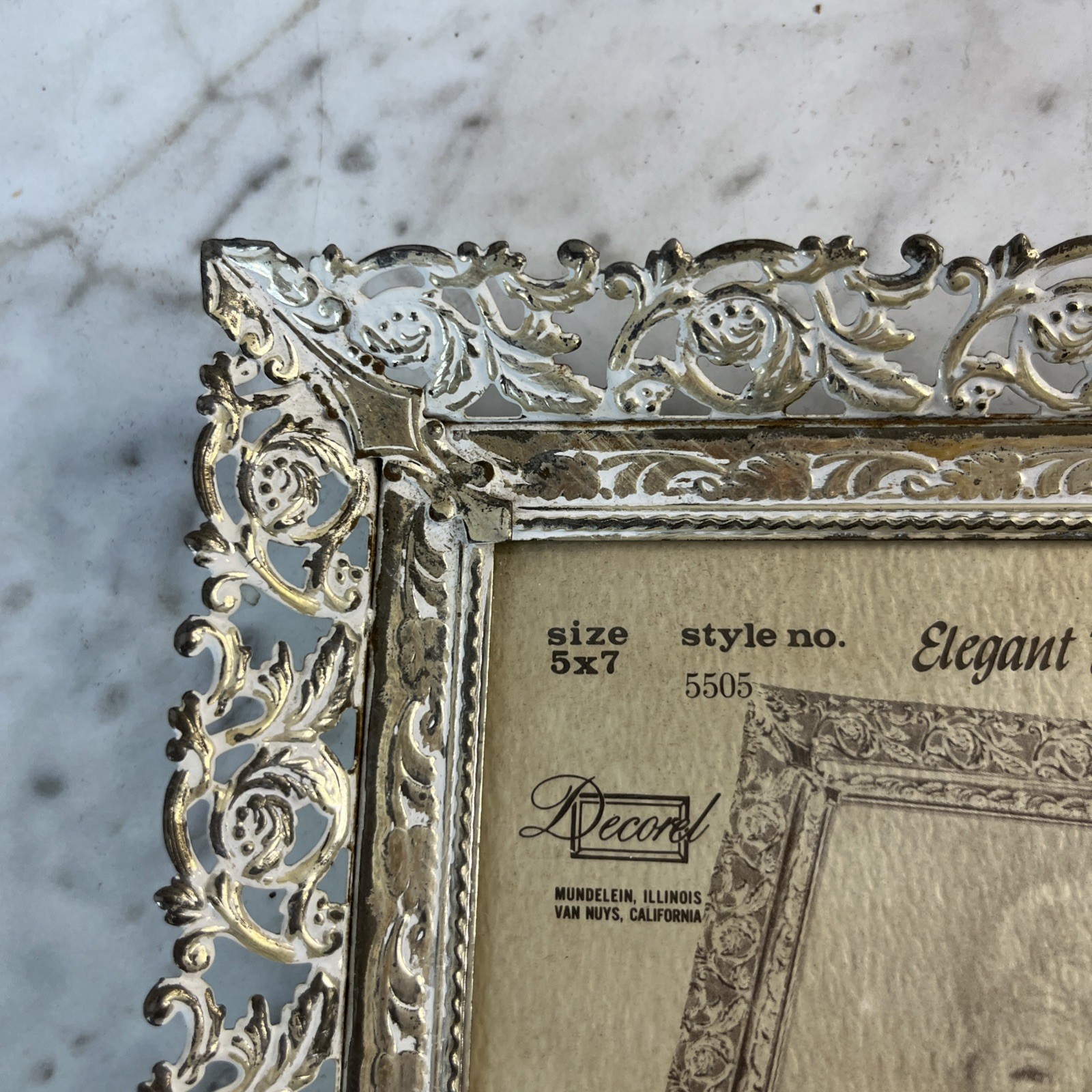 Decorel Picture Frame Ornate Silver Filigree White Wash Metal 5 x7in Vintage