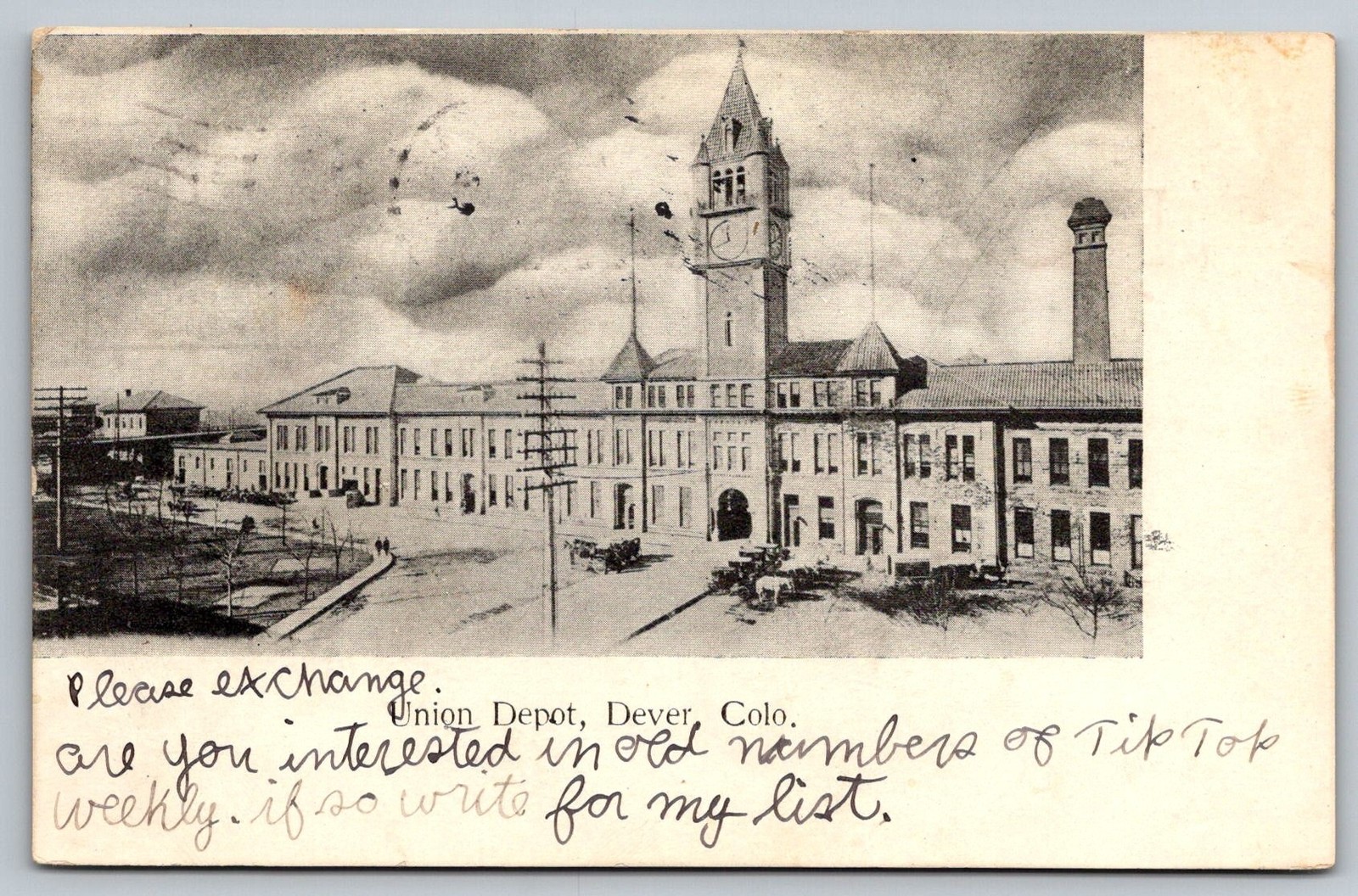 Union Depot Denver CO Postcard Colorado railroad station clock tower early 1900s