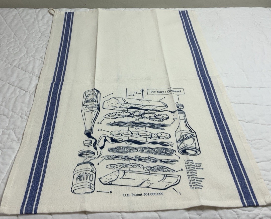 Kitchen Dish Towel, Cotton, Po’ Boy Sandwich Recipe, Stripes, White & Blue