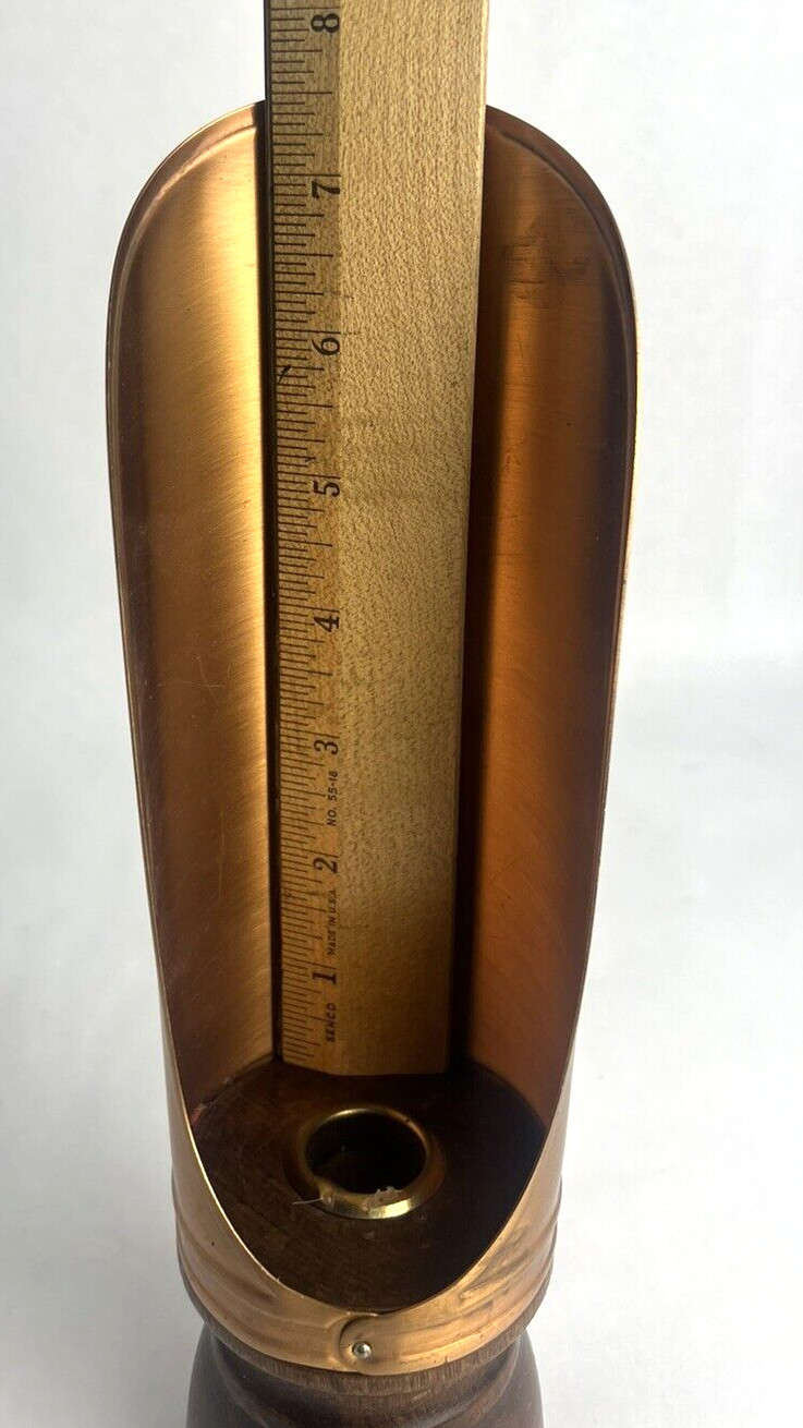 Vtg Copper Hand Held Chamber Taper Candle Holder Wood Base Black Handle Sconce