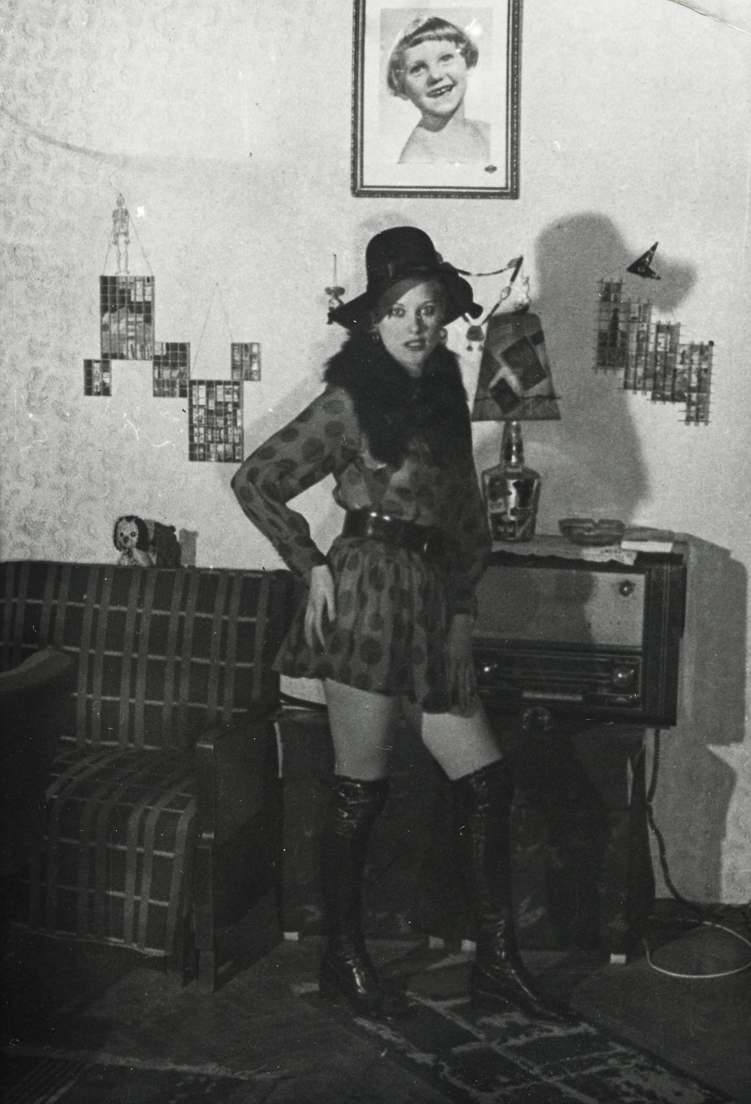 LOT 2X, pretty woman in mini skirt, shadow, amazing hair, Vintage fine art Photo
