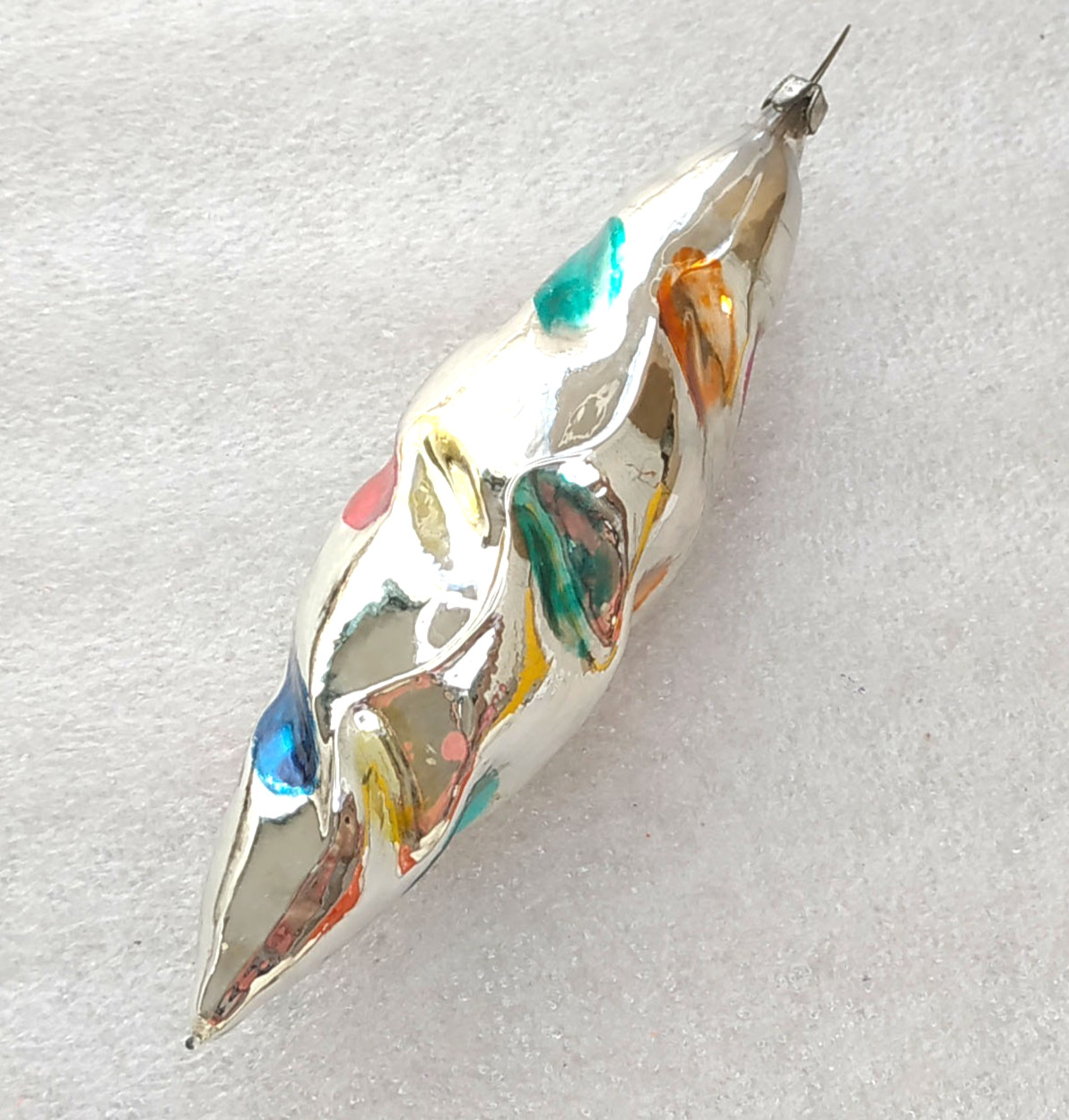 Rare Vintage Soviet Glass Icicle Christmas Tree Ornament Silver Multicolor Spots
