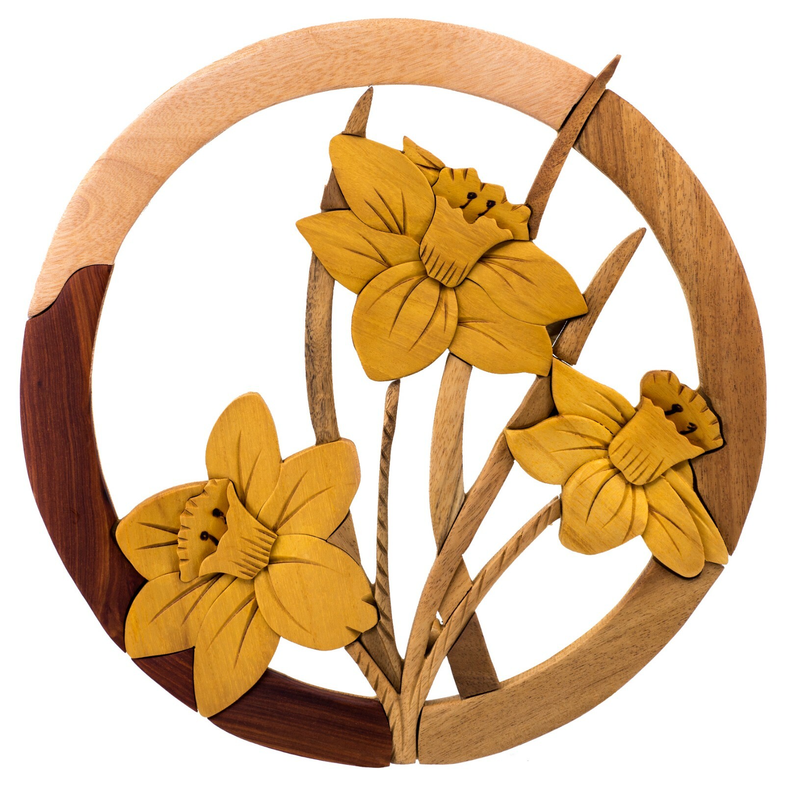 Wood Intarsia Daffodil Flowers Hanging Wall Decor 12″ x 12.25″ Handcrafted New!