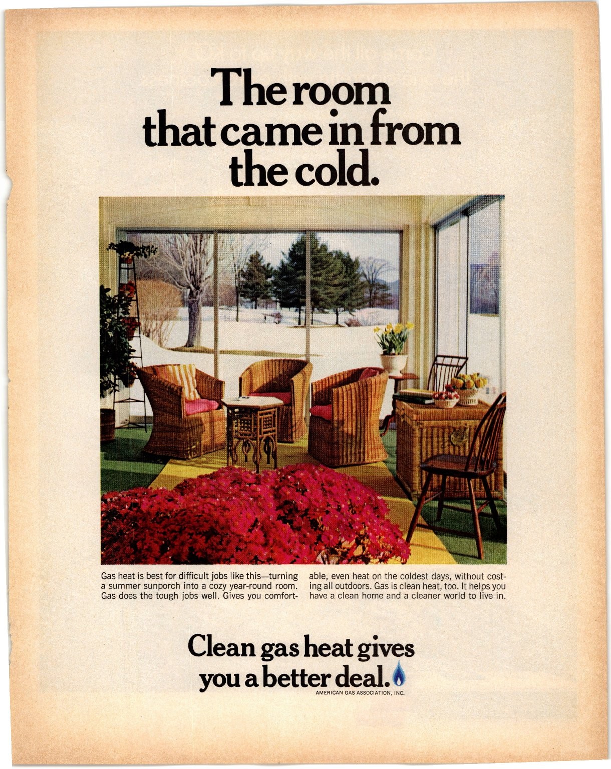American Gas Association Vintage Print Ad Gas Heat Sunroom Winter 1960s AD098