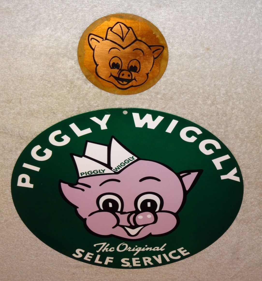 VINTAGE LOT OF 2 PIGGLY WIGGLY 🐖 PIG GROCERY STORE 11 3/4″ PORCELAIN METAL SIGN