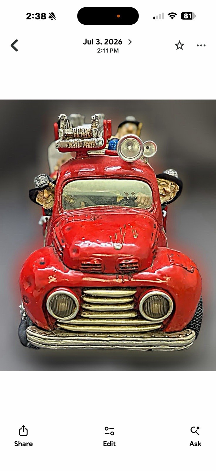 Painted Resin Firefighter on Red Fire Truck Figurine 3D Effect 30x14x16″