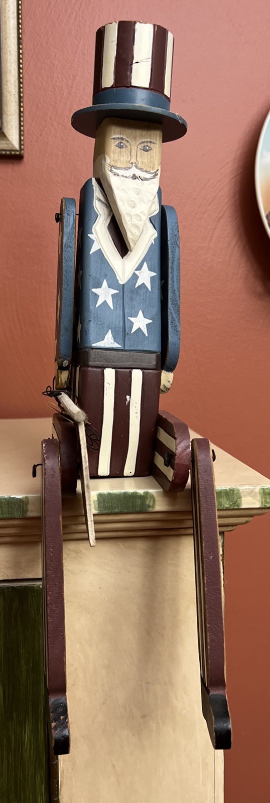 VTG Americana Uncle Sam Folk Art Wooden Articulated Carved Figure Shelf Sitter