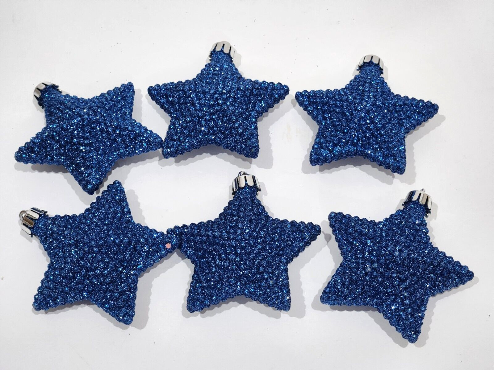 (6) Patriotic 4th of July Christmas Star Glitter Plastic Ornaments Stars 3.25″
