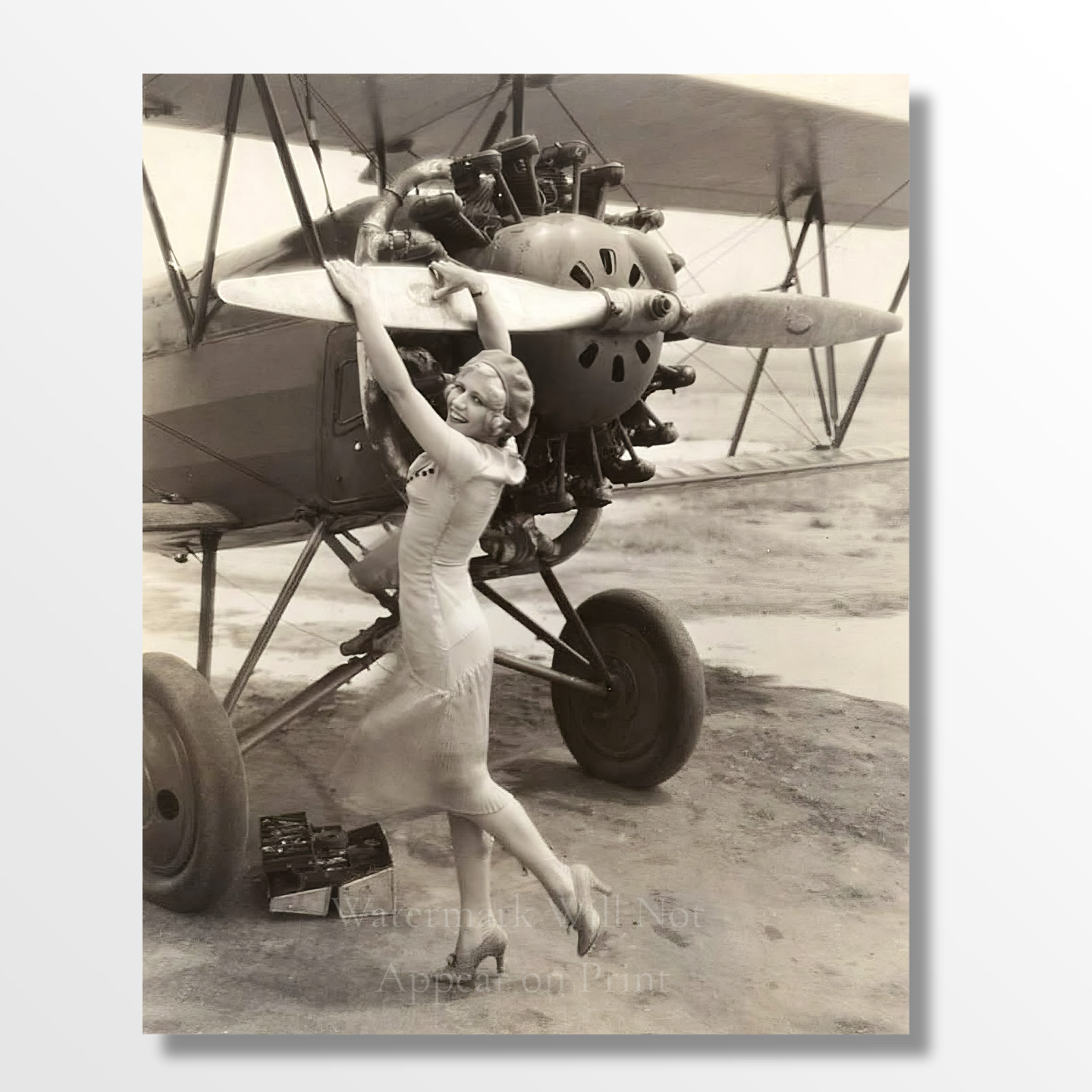 1920s Aviation Photo – Woman Turning Airplane Propeller Giclee Fine Art Print