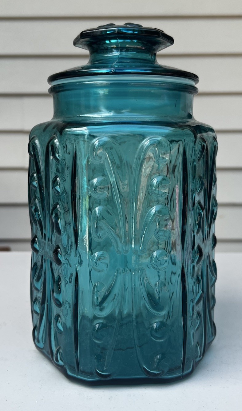 Vintage Teal Blue Embossed Glass Apothecary Canister Jar w/ Sealed Lid 9”