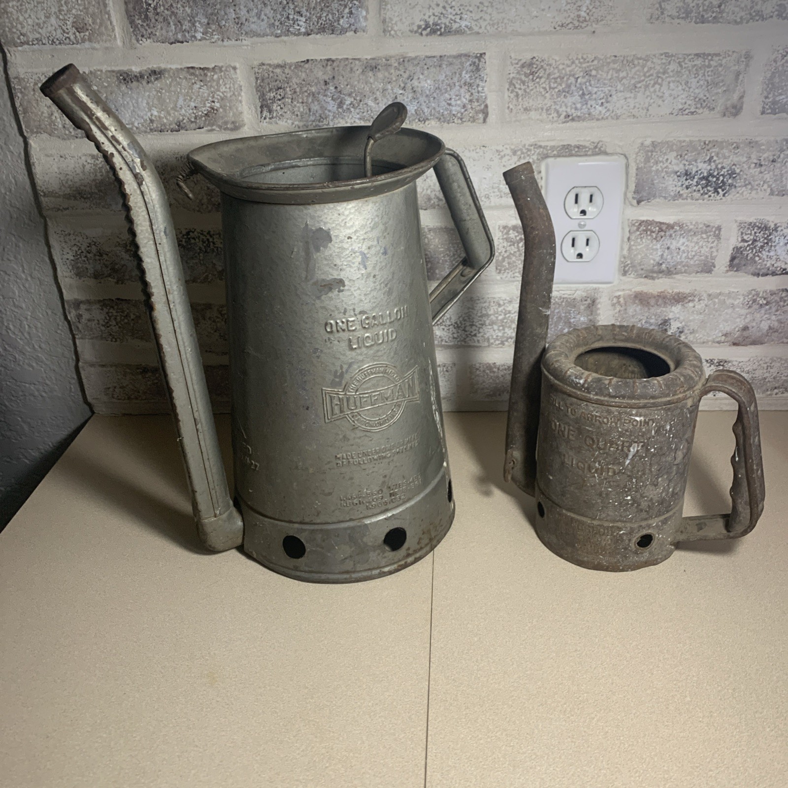 Vintage Huffman Metal One Gallon Oil Can with Swing Spout and Thumb Release