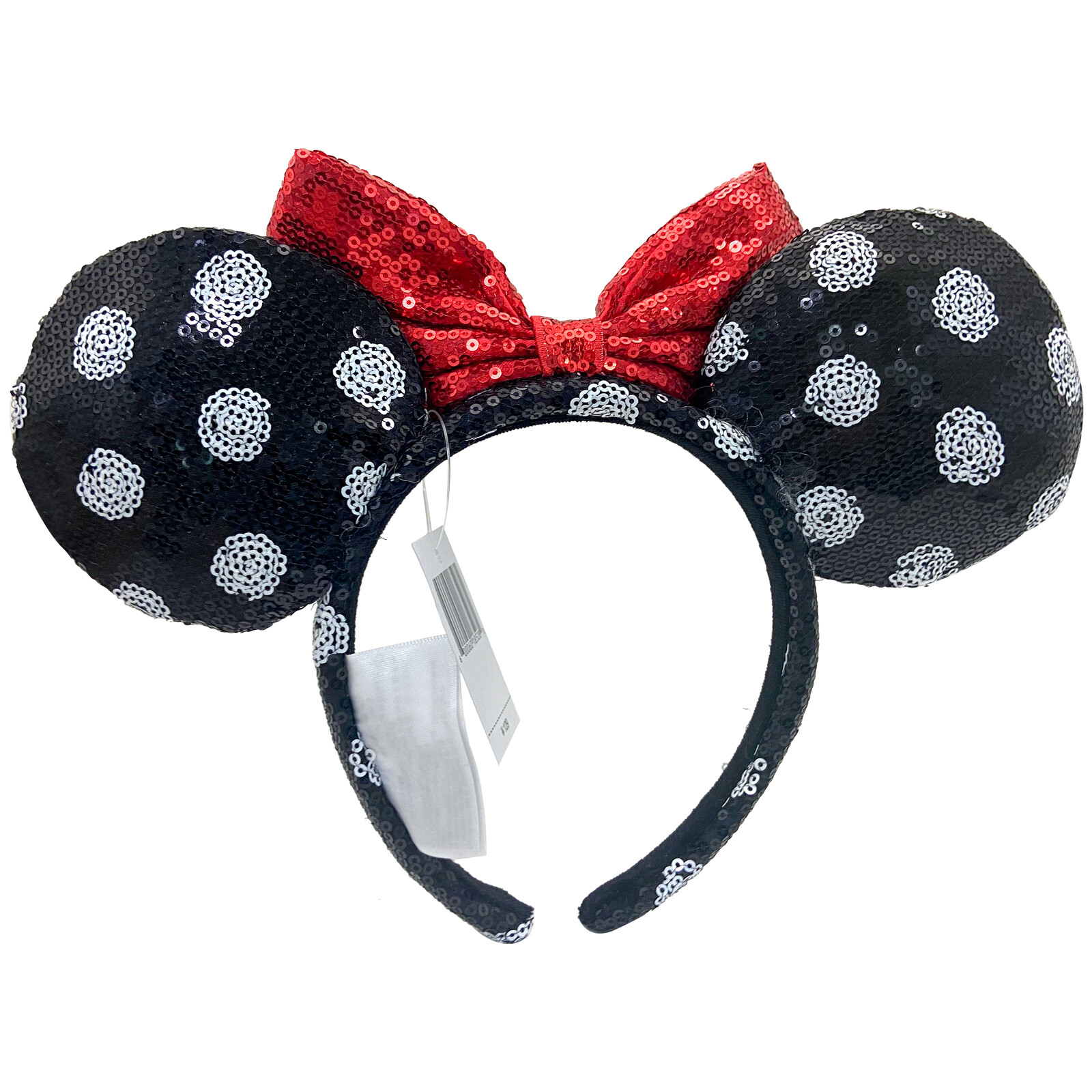 Disney- Parks Minnie Ears Black White Polka Dot Sequin Red Bow Classic Headband