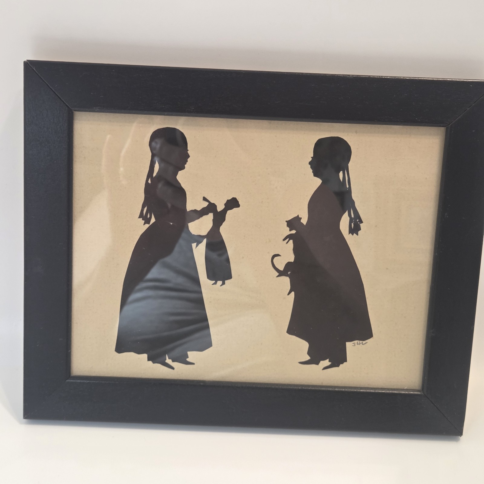 Vtg Victorian Style Paper Silhouette Framed Art Girls Doll Cat Folk Art 7.5×9.5″