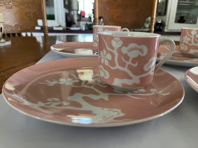 Fitz & Floyd Snack Plates and Cups, Set of 4 each, Peach & White Floral Tree