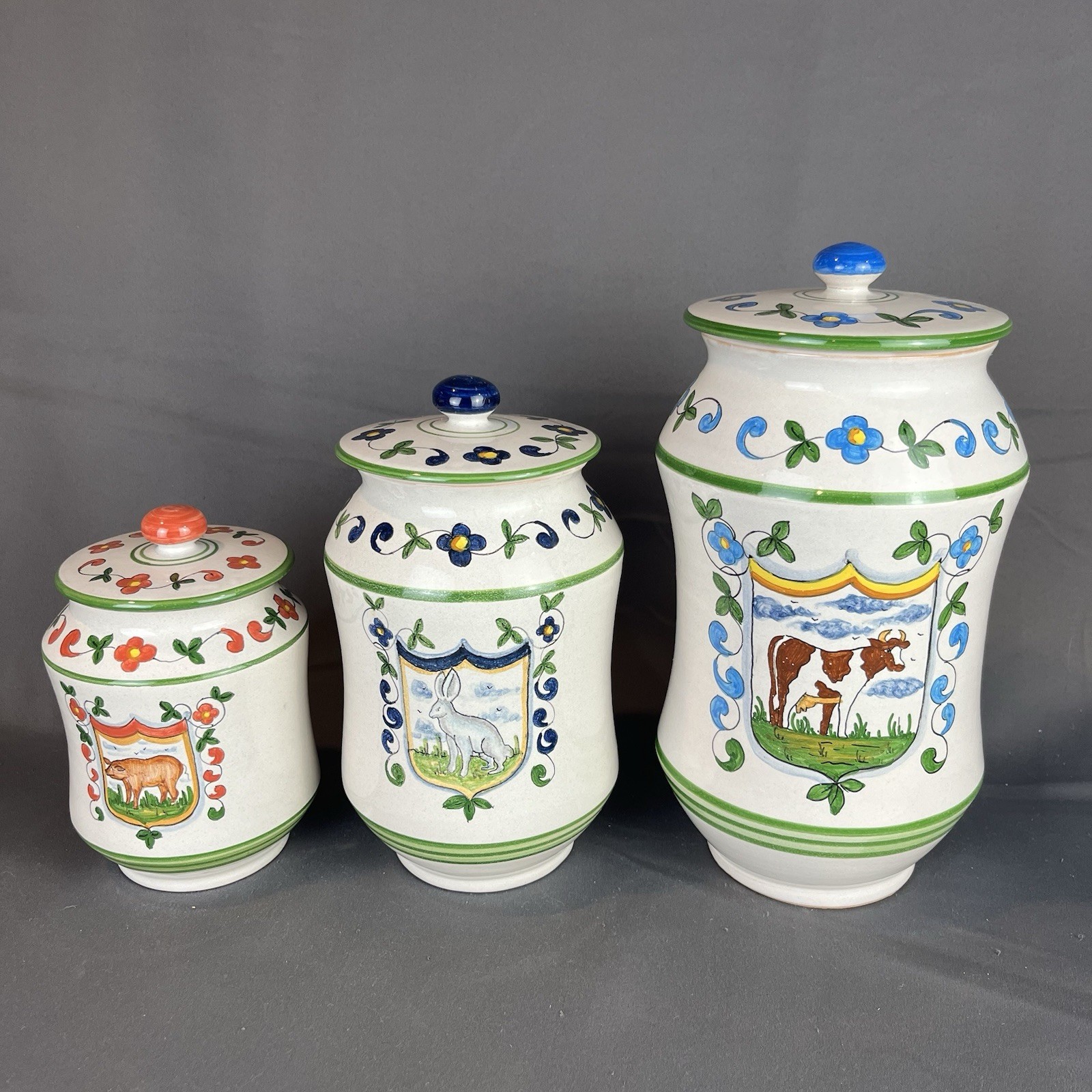 VTG Italian Majolica Canister Set 3pc Global Views Italy Hand Painted Farm