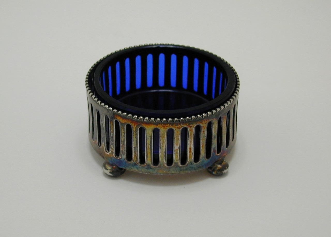 Antique Pairpoint Silverplate Pierced Open Salt Dip Cellar Cobalt Glass Insert