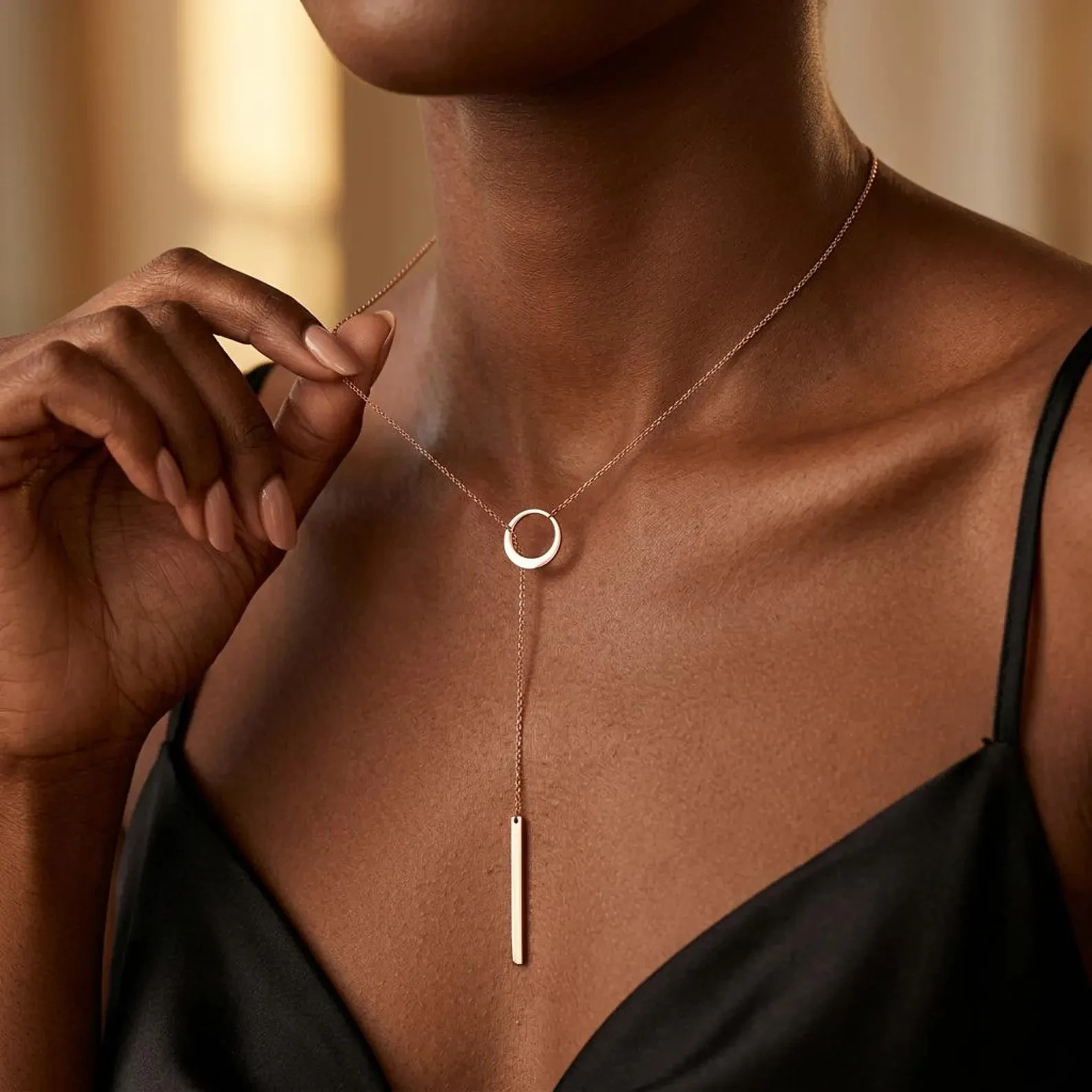 Dainty 18K Rose Gold Over Circle & Bar Lariat Y Necklace For Women in Adjustable