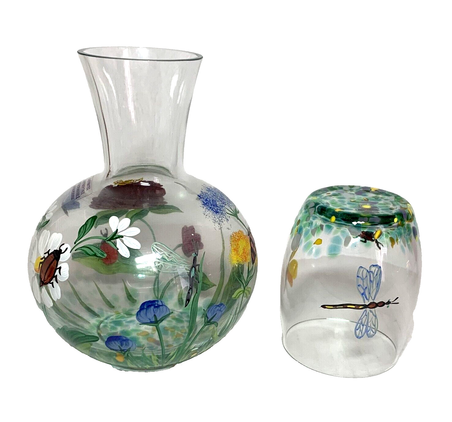 Vtg Hand Painted Flowers Butterfly Ladybug Tumble Up Set Bedside Glass Confetti