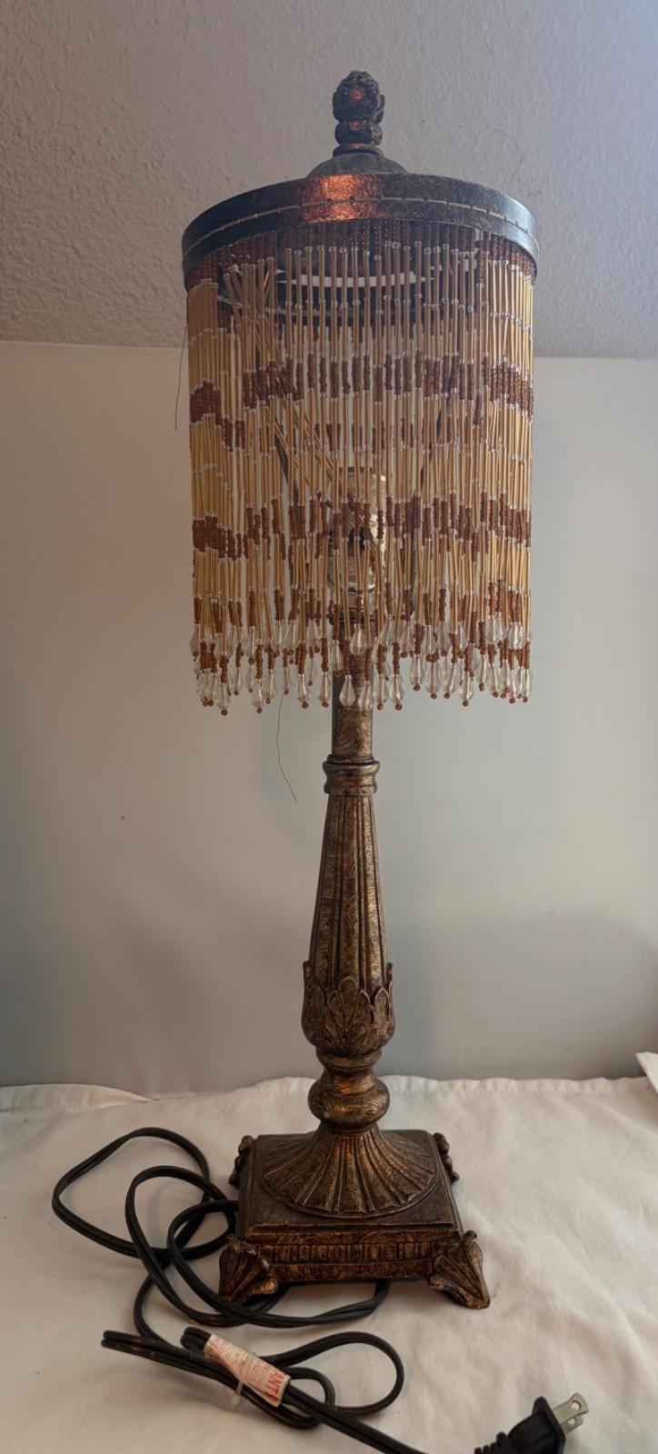 VTG Glass Beaded Full Fringe Shade Table Lamp w/Bronze/GoldTone Metal Base 24”T