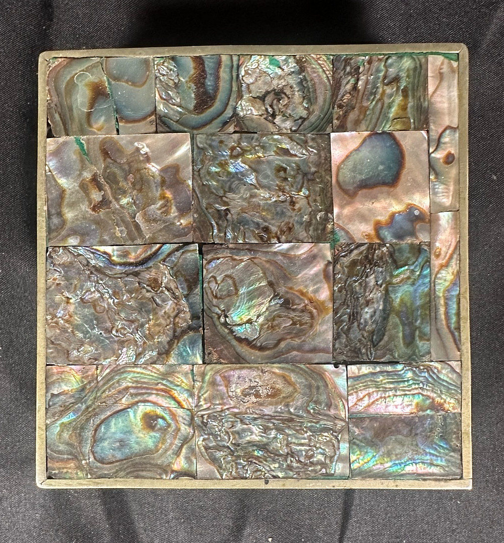 Vintage Mexican Abalone Shell Mosaic Trinket Box Hecho En Mexico Wood Lined 3.5″