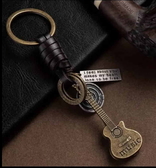 Faux leather Wrap & Metal Acoustic Guitar Keychain; Brass Look; 4.72” NEW