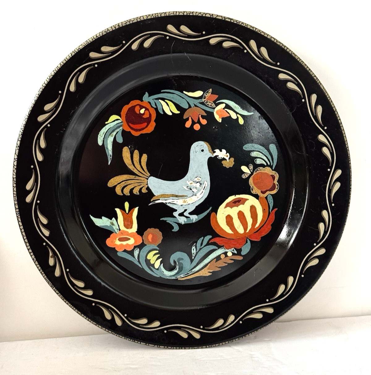 Vtg Toleware Metal Wall Pocket Plate Hand Painted Distelfink Bird Folk Art Black