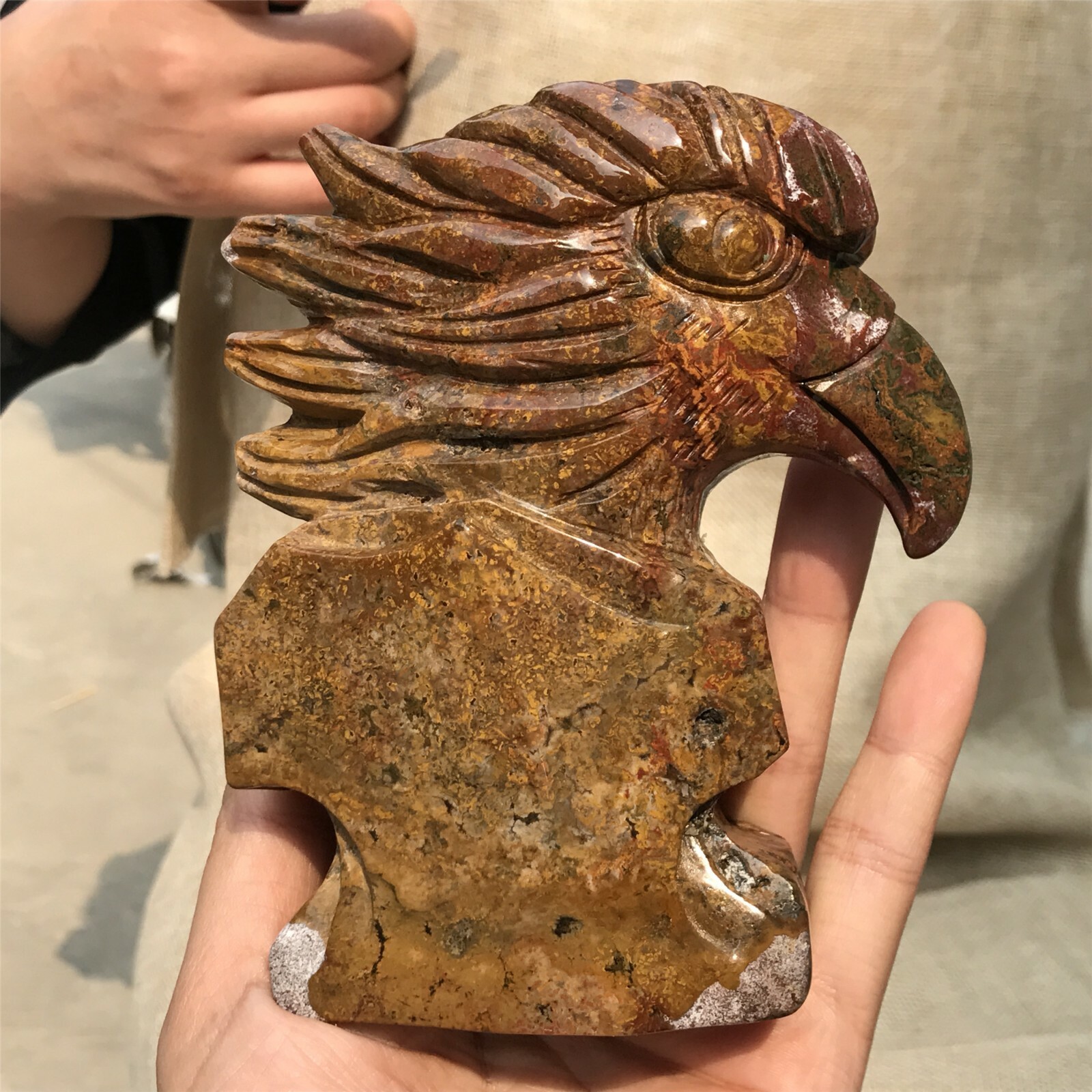 0.77kg Natural ocean jasper Quartz hand Carved eagle skull crystal Reiki xk399