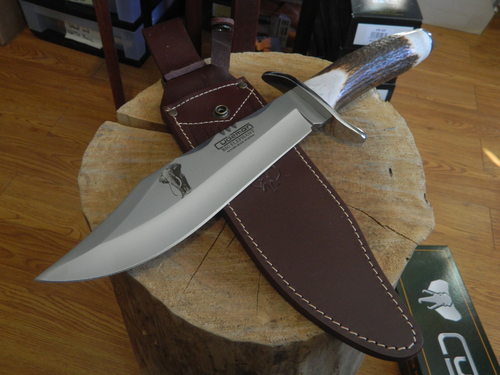 CUDEMAN KNIVES 14″ STAG HANDLE BOWIE KNIFE 5 STAR STAG 1095 HC ST BLADE LEA SH