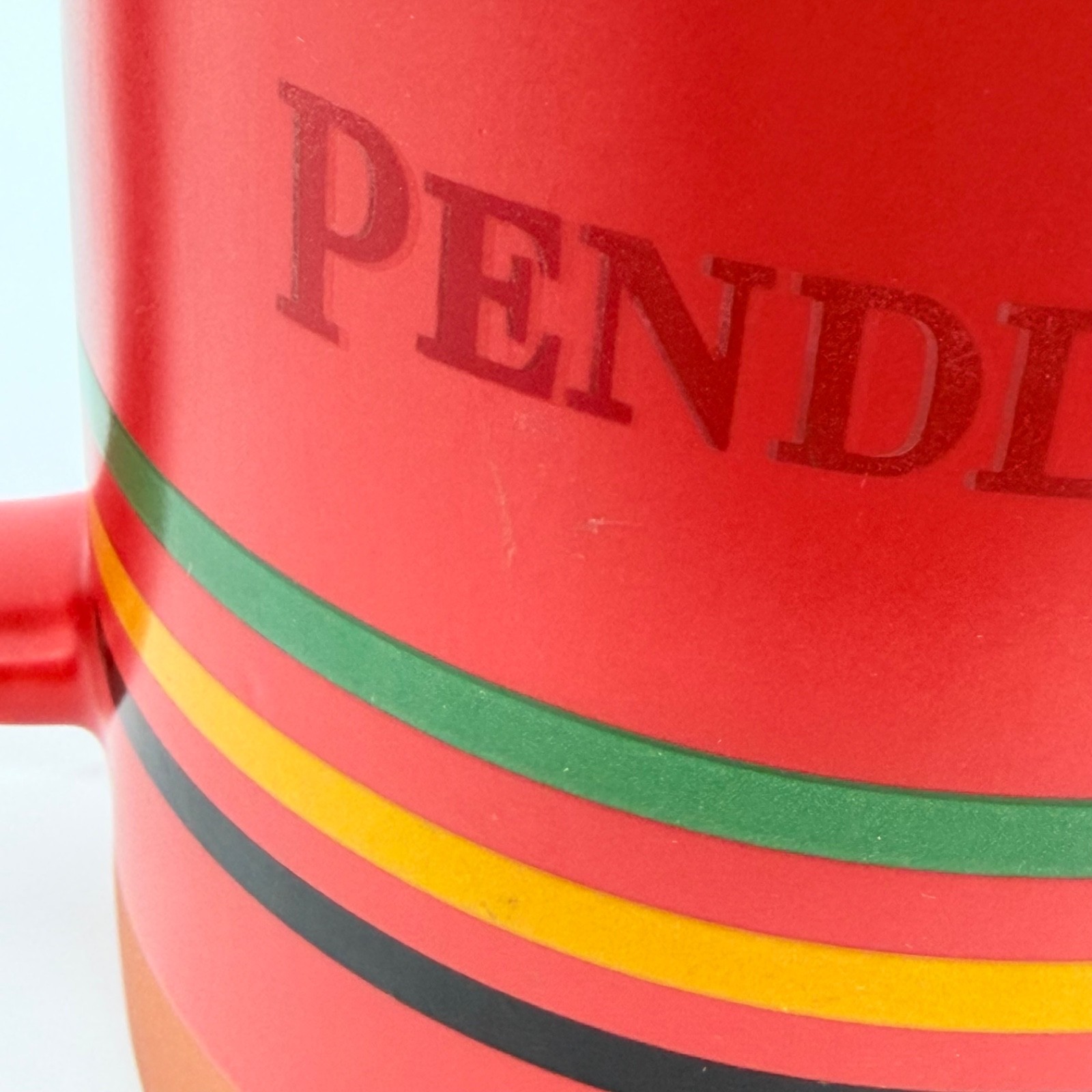 Pendleton Stoneware Red Coffee Mug 18oz Woolen Mills Green Yellow Black Striped