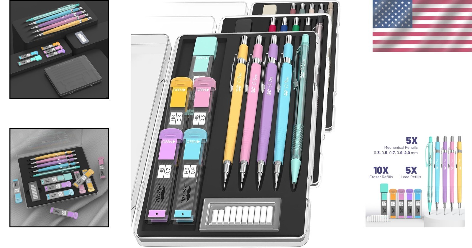 Comfort Grip Pastel Mechanical Pencils – 5 Sizes, Lead & Eraser Refills Included