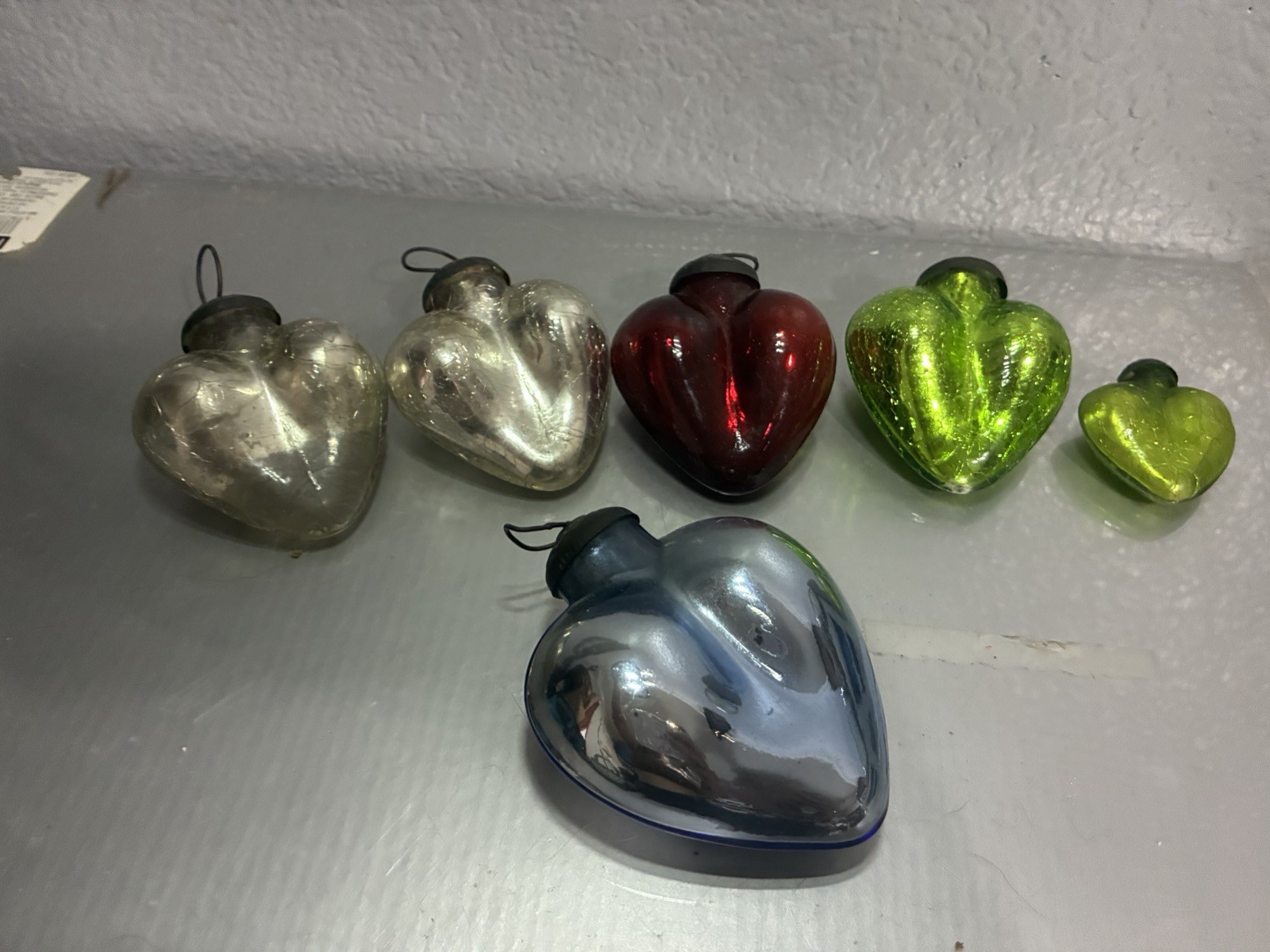 Vtg Christmas Kugel Red Green Silver Blue Heart Mercury Ornament Germany Lot 6
