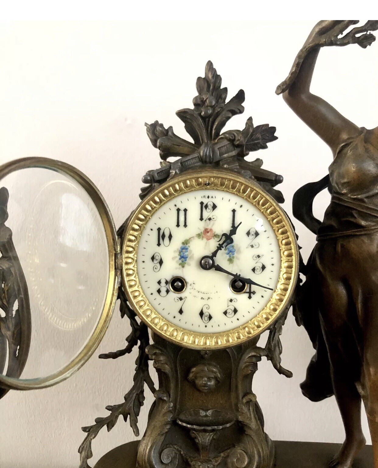 Antique French Spelter/Bronze & Marble Mantel Clock With Garnitures