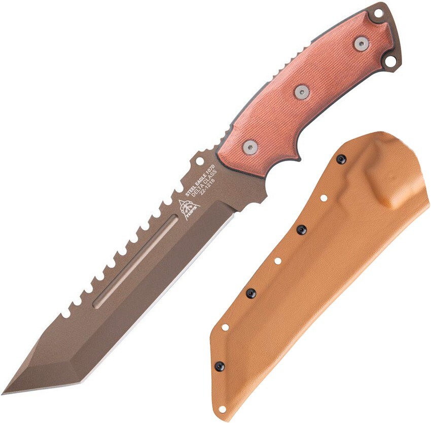 TOPS Eagle Fixed Knife 7.63″ Sawback 1095HC Steel Tanto Blade Tan Micarta Handle