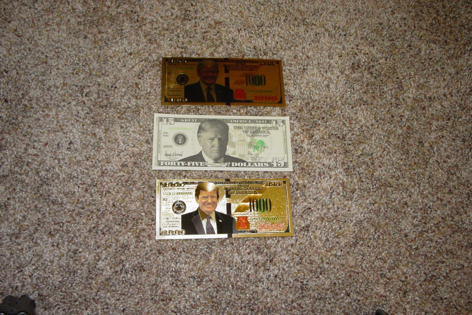 Donald Trump 24K Gold $1,000 Bill x2 and Regular $45.00 Bill