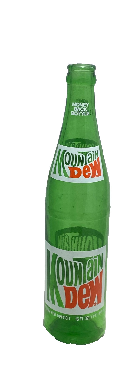 Vintage Mountain Dew Money Back 16 Oz Green Glass Bottle One FREE S&H