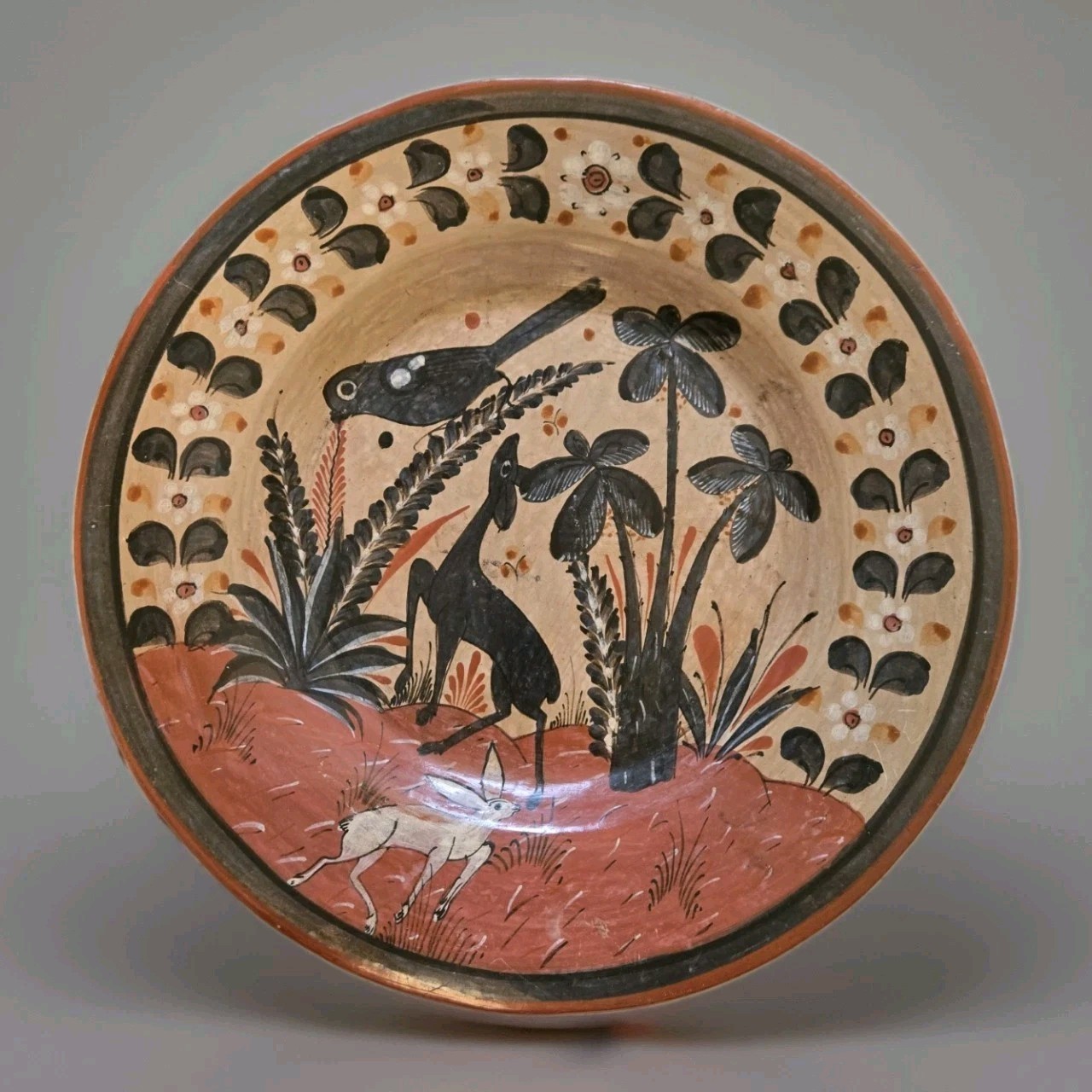 Vintage Mexican Tonala Folk Art Pottery Plate 12.25″ Red Earthenware Flora Fauna