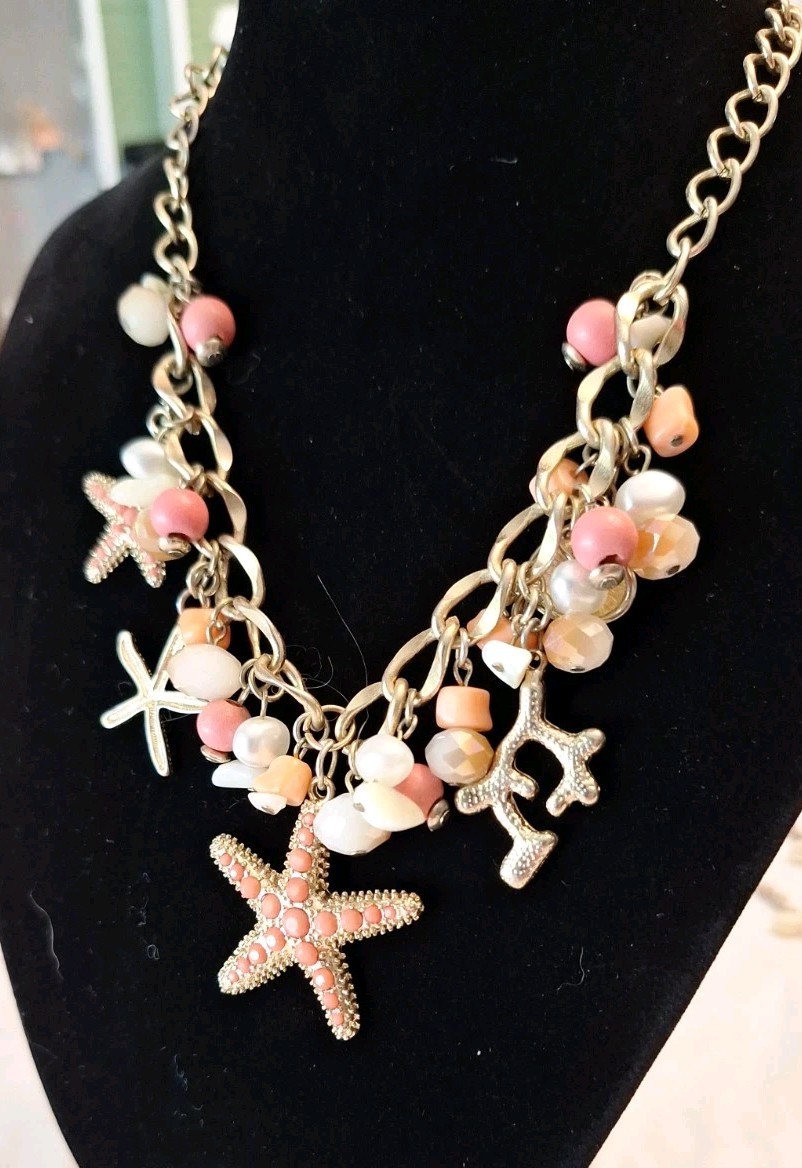 Vtg Beach Ocean Theme Necklaces Coral Beads Shells Silver Starfish Vacation