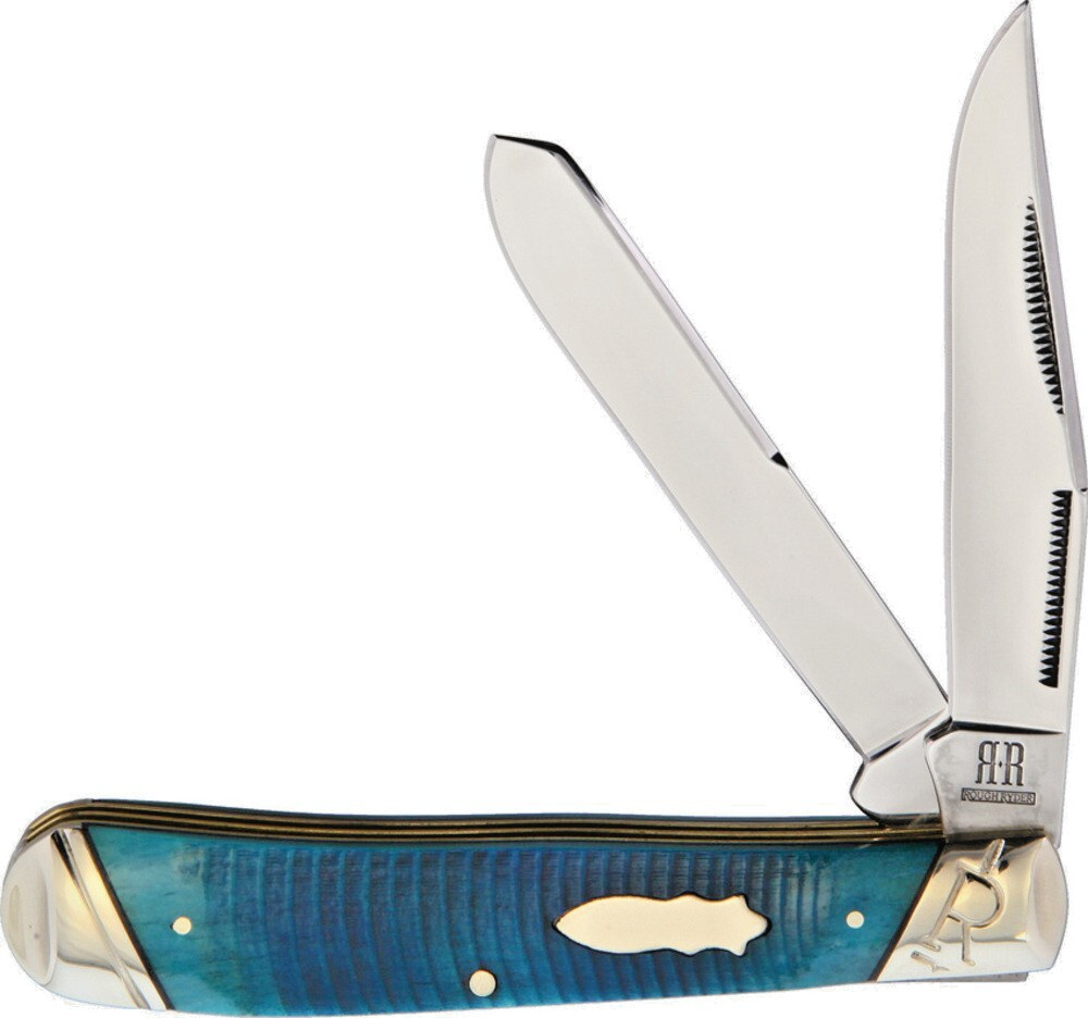 Large Black & Blue Bone Handle Trapper Folding Knife by Rough Ryder – Gift Boxed