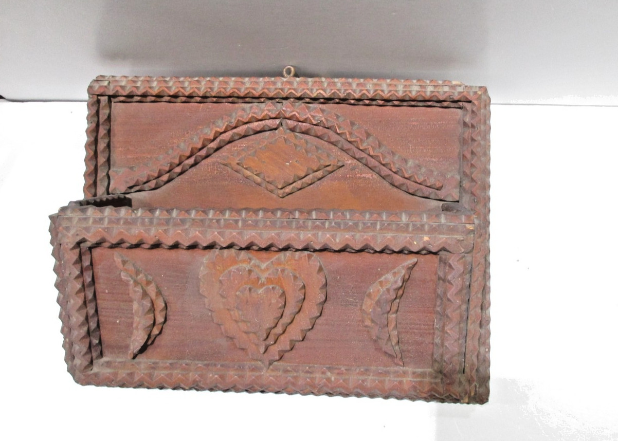 Antique Tramp Art Letter Holder Box Intricate Heart Design Handmade Large 14×10