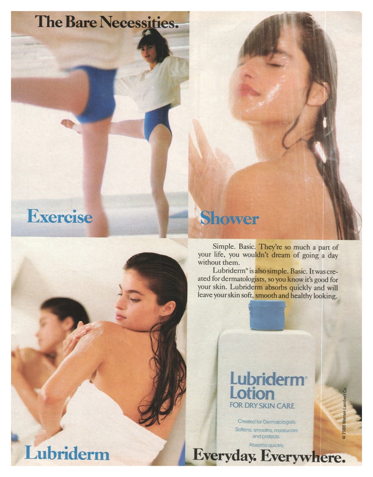 Print Ad 1989 Lubriderm Lotion Bare Necessities Exercise Shower Dry Skin Care