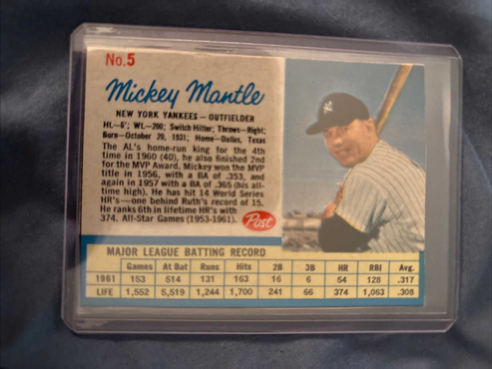 1962 Post Cereal Mickey Mantle Hand Cut Vintage Baseball Card New York Yankees 5