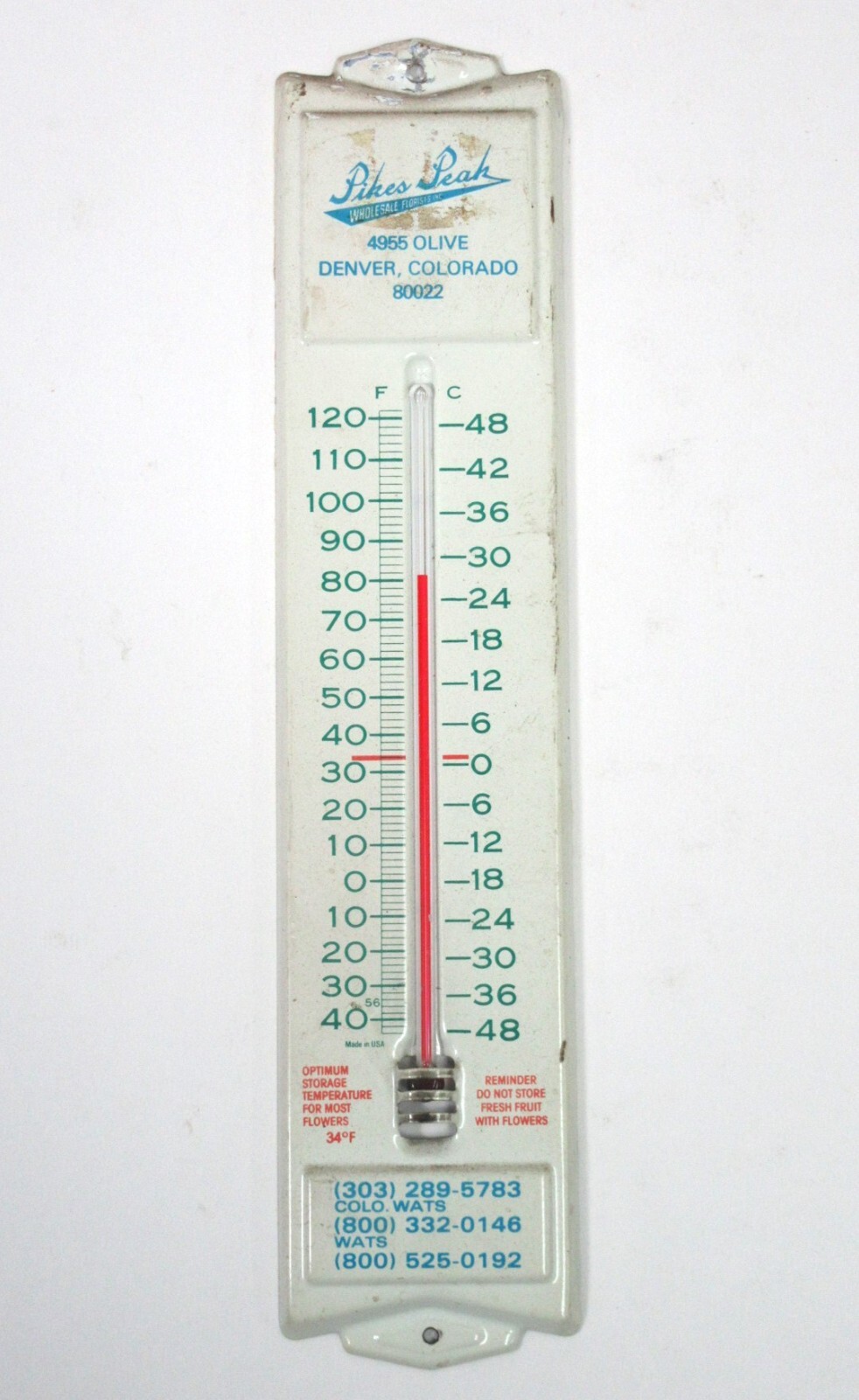 VINTAGE PIKES PEAK WALL THERMOMETER ADVERTISING WHOLESALE FLORIST DENVER