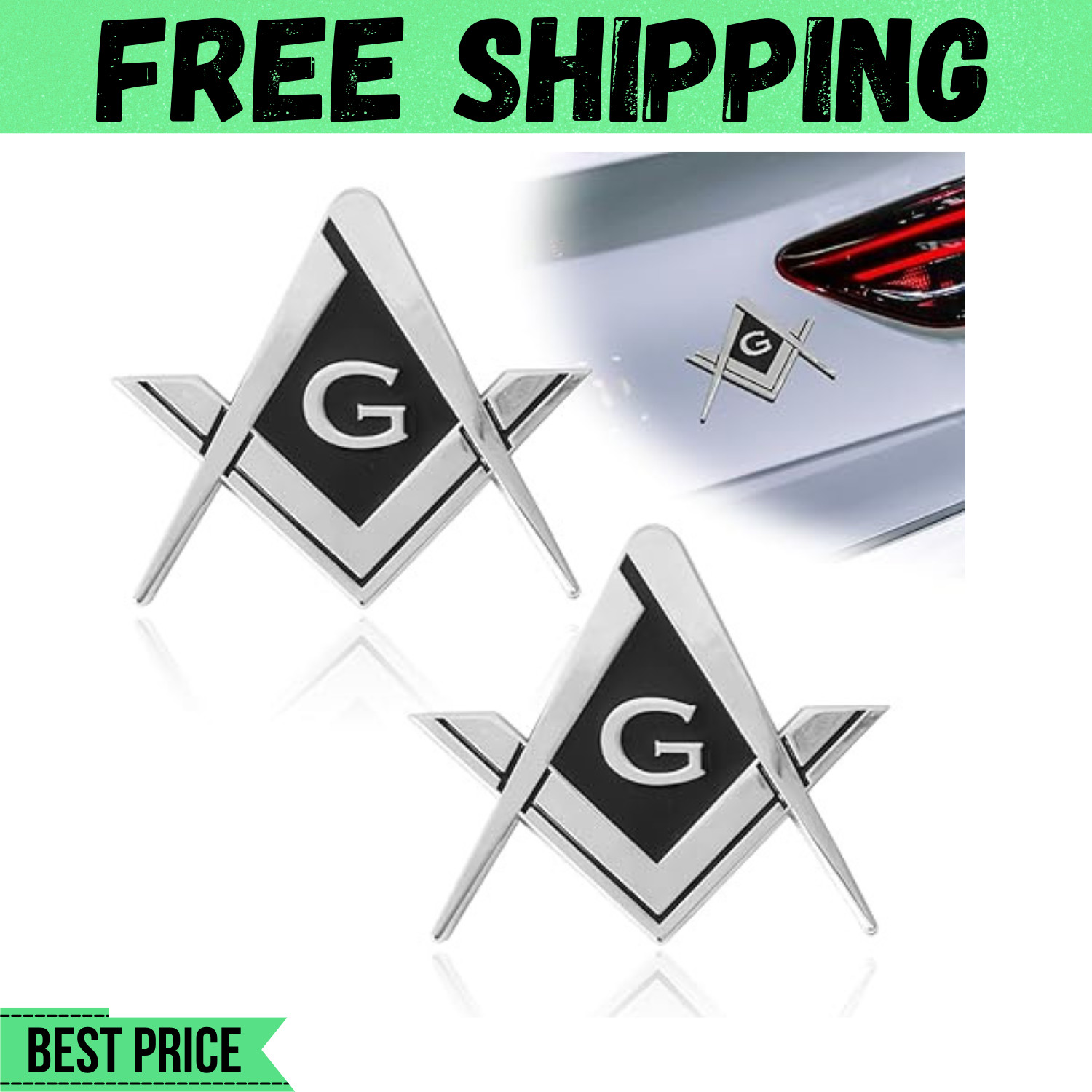 2Pcs Masonic Car Emblem 2.75″ Compass Auto Truck Metal Decal Mason Square Auto