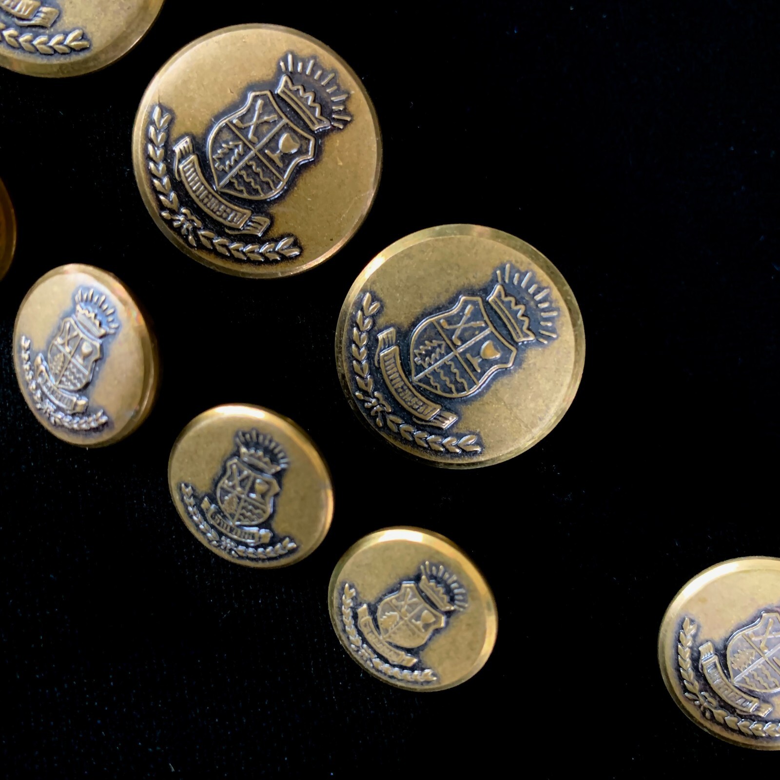 NOS Vintage Brass Shank Blazer Buttons Three 1 in Six 3/4 in Four 5/8 in Shields