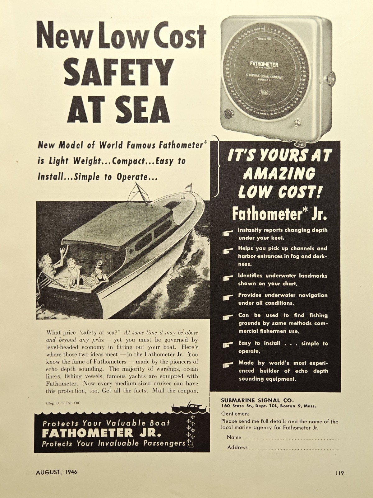 Fathometer Jr Print Ad 1946 – Boston MA Depth Sounding Boat Safety at Sea