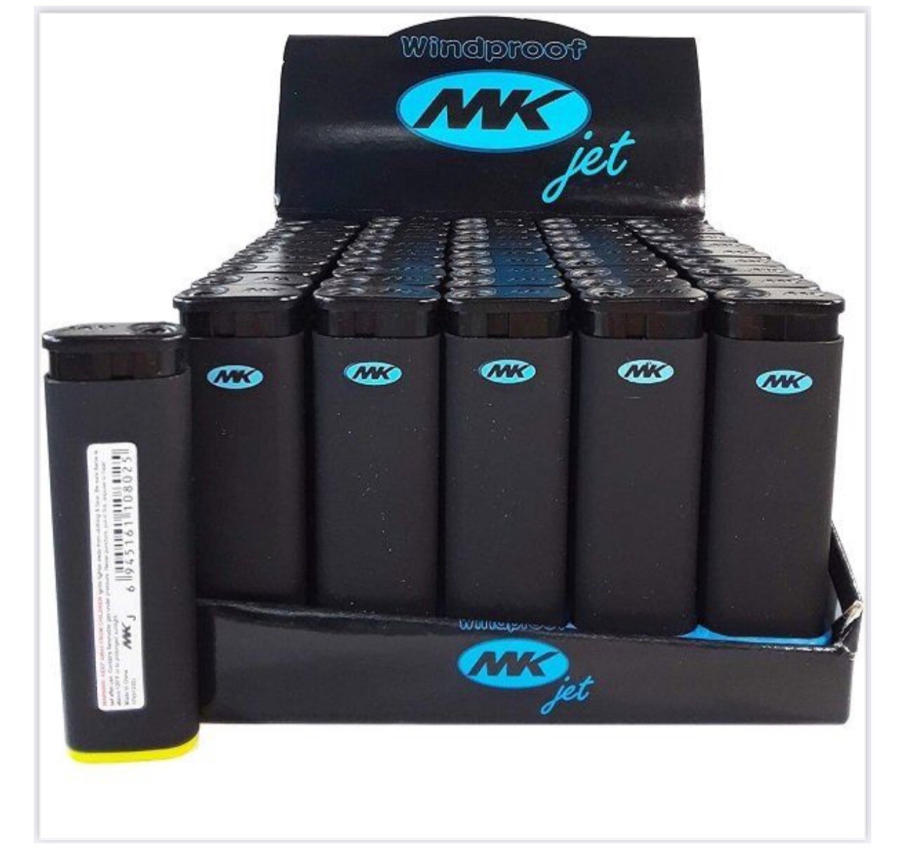 Tray of 50 Ct MK JET BLACK TORCH Big Full Size Lighters Refillable Windproof