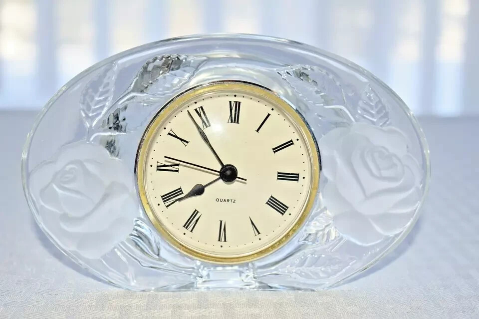 Vintage France Quartz CRISTAL D’ ARQUES France Lead Crystal Desk Top CLOCK Roses